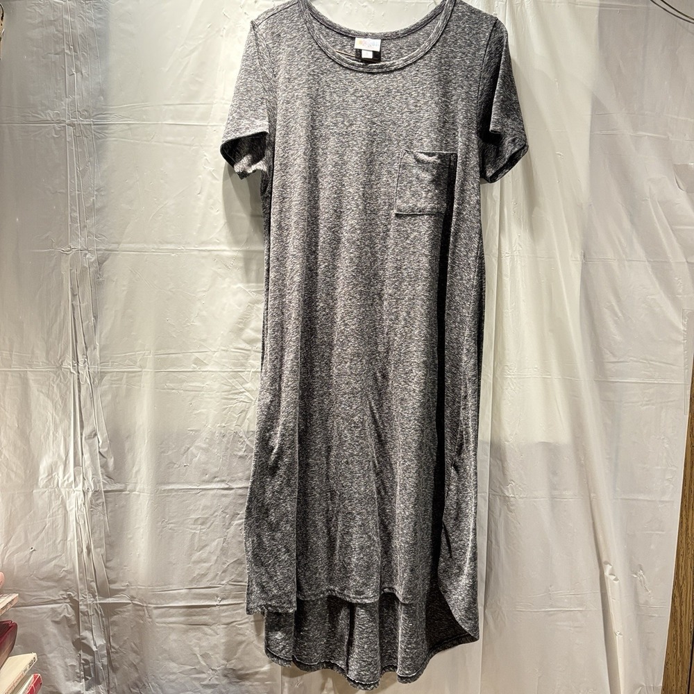LuLaRoe Carly Dress S Gray Heather Short Sleeve Swing T-Shirt Pocket Midi